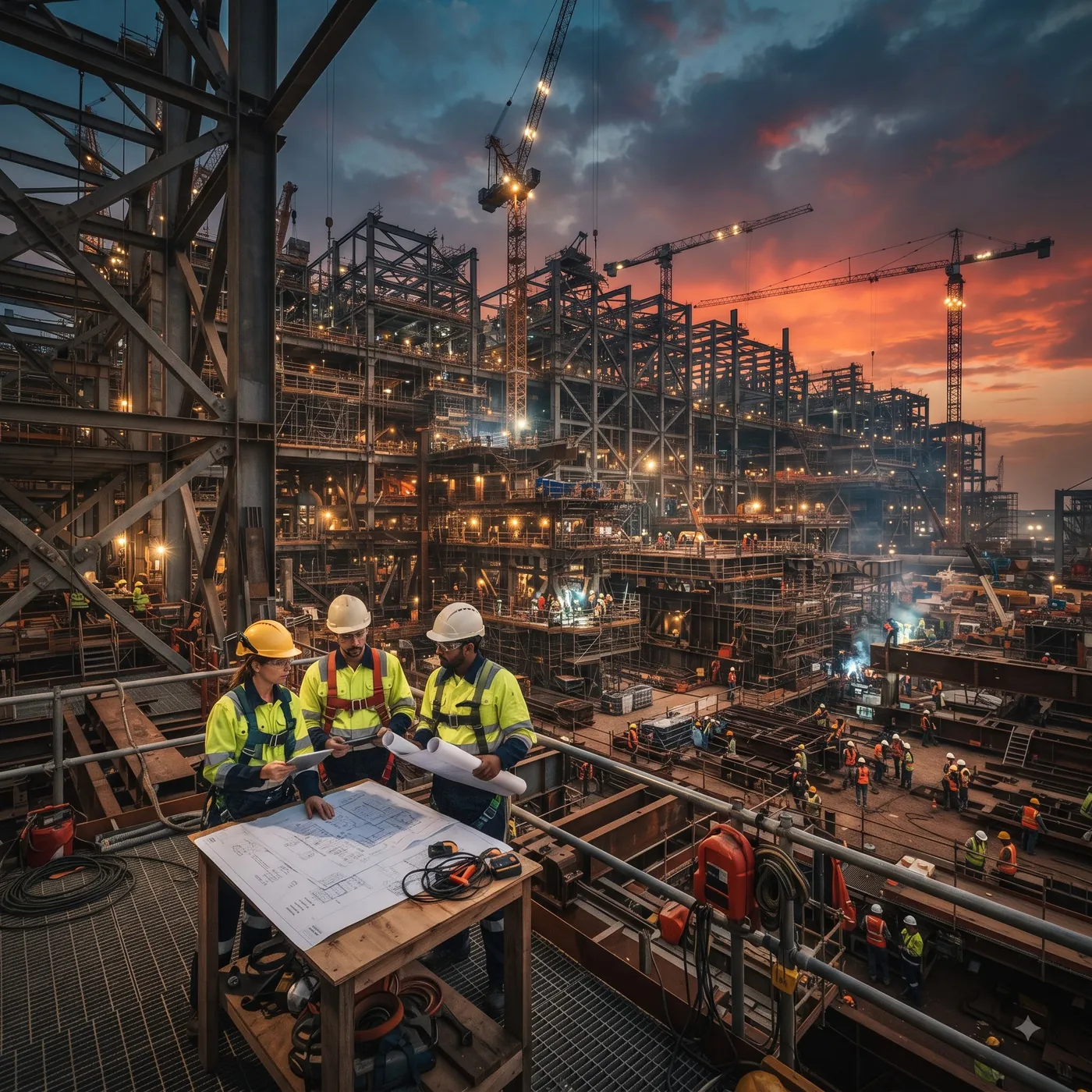 Engineers reviewing blueprints
